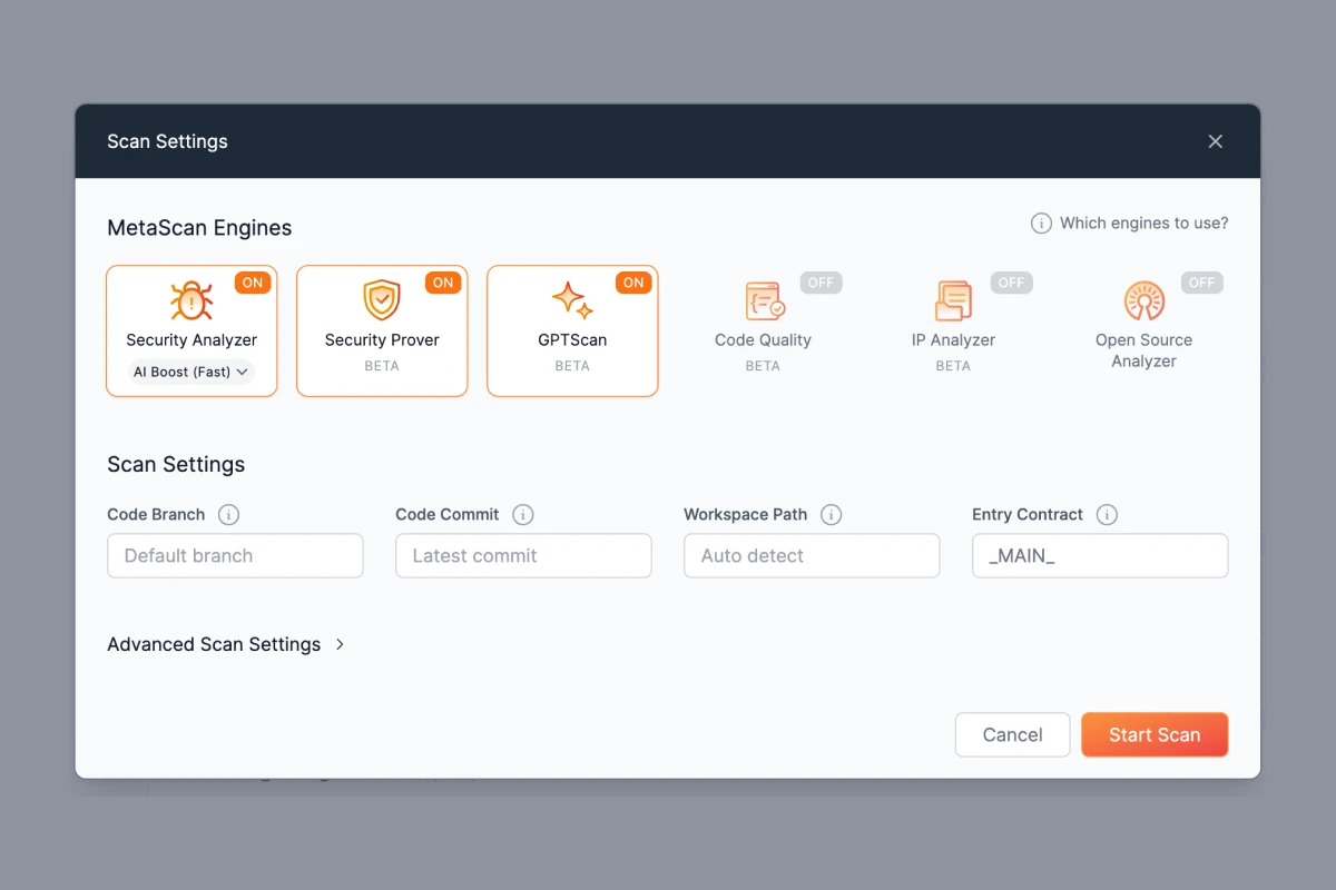 MetaScan Screen 2 - Start scan dialog offering various scan engines for selection, as well as scan configurations the user can adjust based on the project's requirements