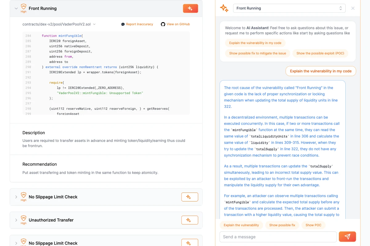 MetaScan Screen 4 - AI assistant providing side-by-side, in-context answers for prompt related to the security issues and possible fixes.